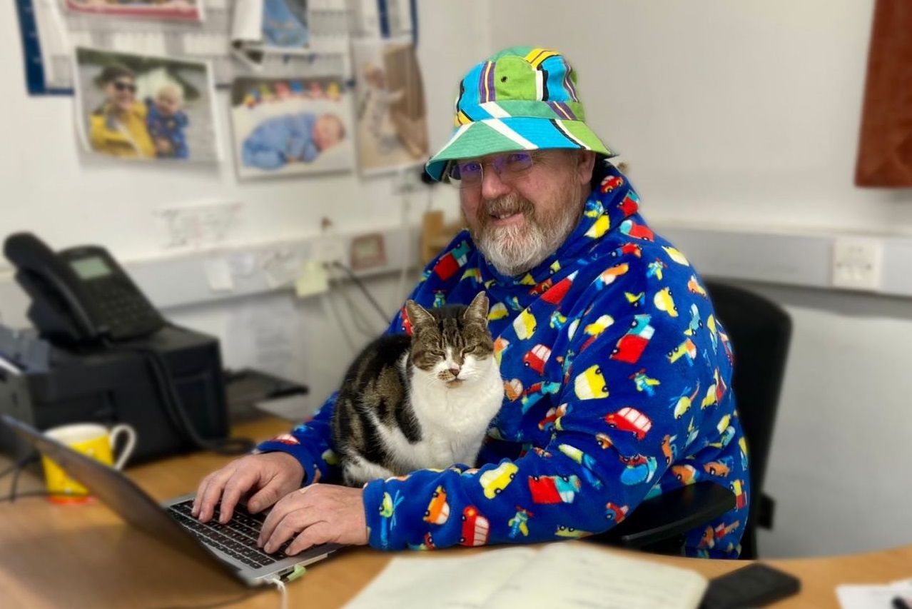 Dave and cat at Lineham office